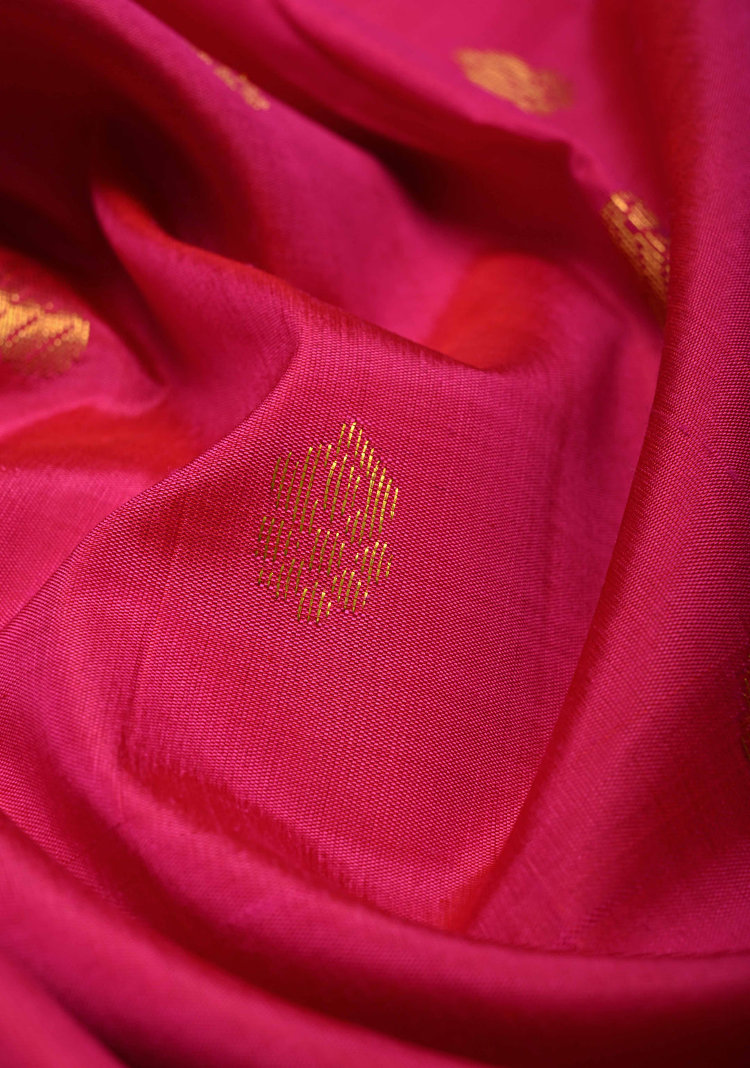 Rani pink Pure Kanjivaram Silk Saree Pavizham with Zari Buttas and yellow Zari Border| SILK MARK CERTIFIED