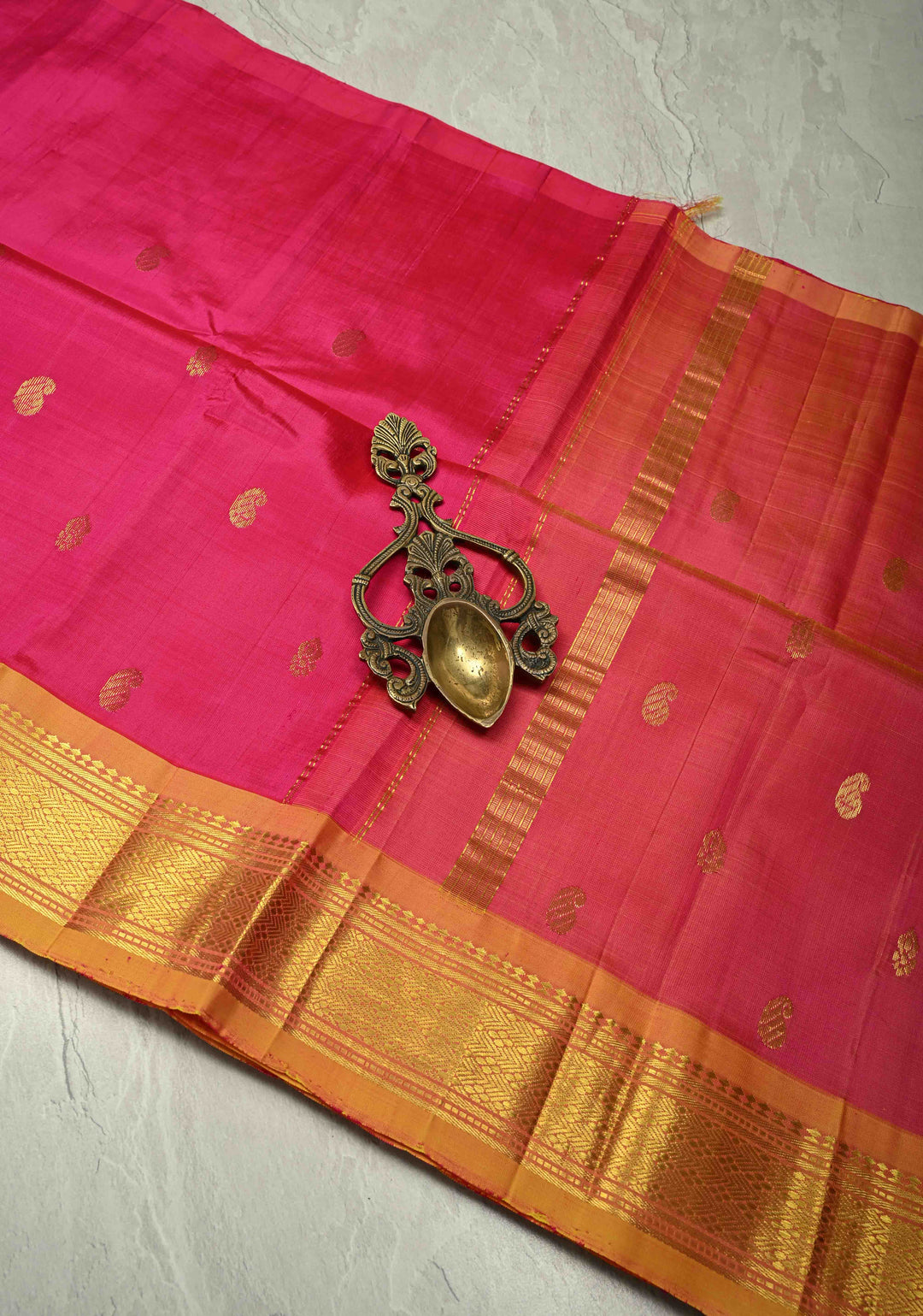 Rani pink Pure Kanjivaram Silk Saree Pavizham with Zari Buttas and yellow Zari Border| SILK MARK CERTIFIED