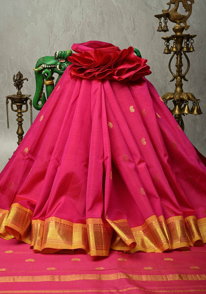 Rani pink Pure Kanjivaram Silk Saree Pavizham with Zari Buttas and yellow Zari Border| SILK MARK CERTIFIED