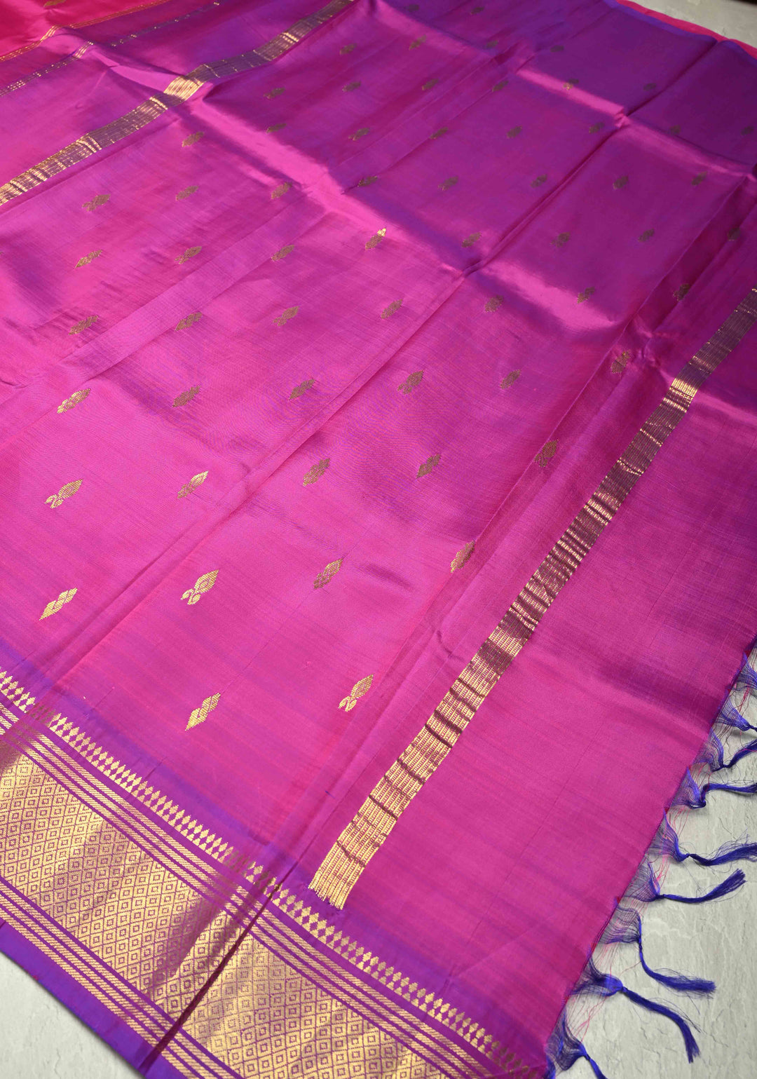 Pink Pure Kanjivaram Silk Saree Meenakshi with Zari Buttas and Purple Zari Border | SILK MARK CERTIFIED