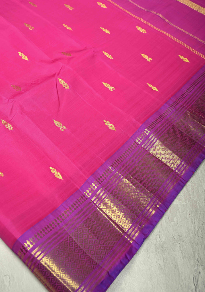 Pink Pure Kanjivaram Silk Saree Meenakshi with Zari Buttas and Purple Zari Border | SILK MARK CERTIFIED