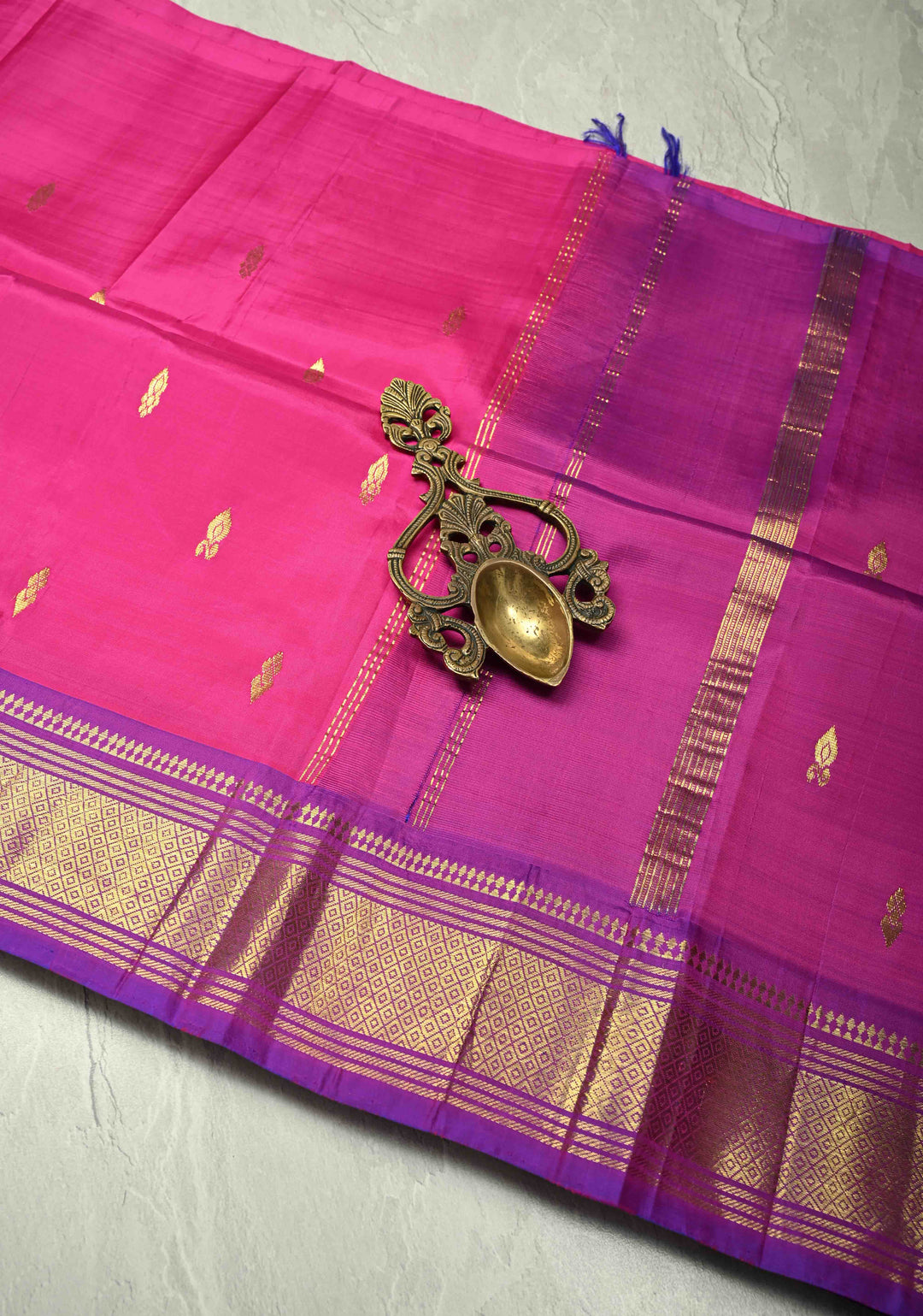 Pink Pure Kanjivaram Silk Saree Meenakshi with Zari Buttas and Purple Zari Border | SILK MARK CERTIFIED