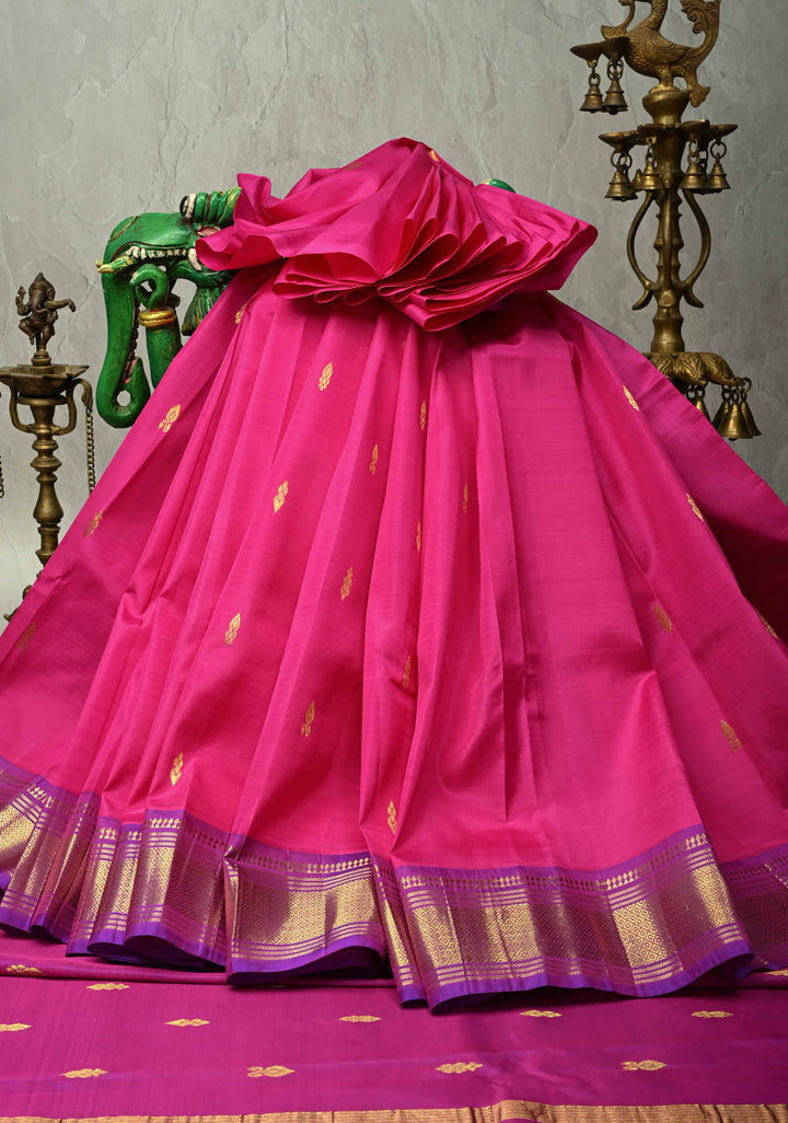 Pink Pure Kanjivaram Silk Saree Meenakshi with Zari Buttas and Purple Zari Border | SILK MARK CERTIFIED