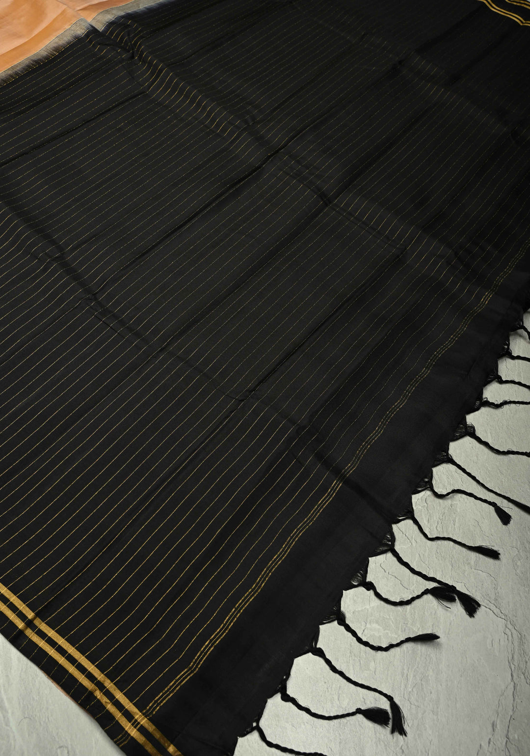 Sandal Kanjivaram Soft Silk Handloom Saree with Minimal Zari Border and Black Pallu | SILK MARK CERTIFIED