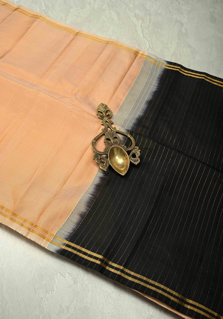 Sandal Kanjivaram Soft Silk Handloom Saree with Minimal Zari Border and Black Pallu | SILK MARK CERTIFIED