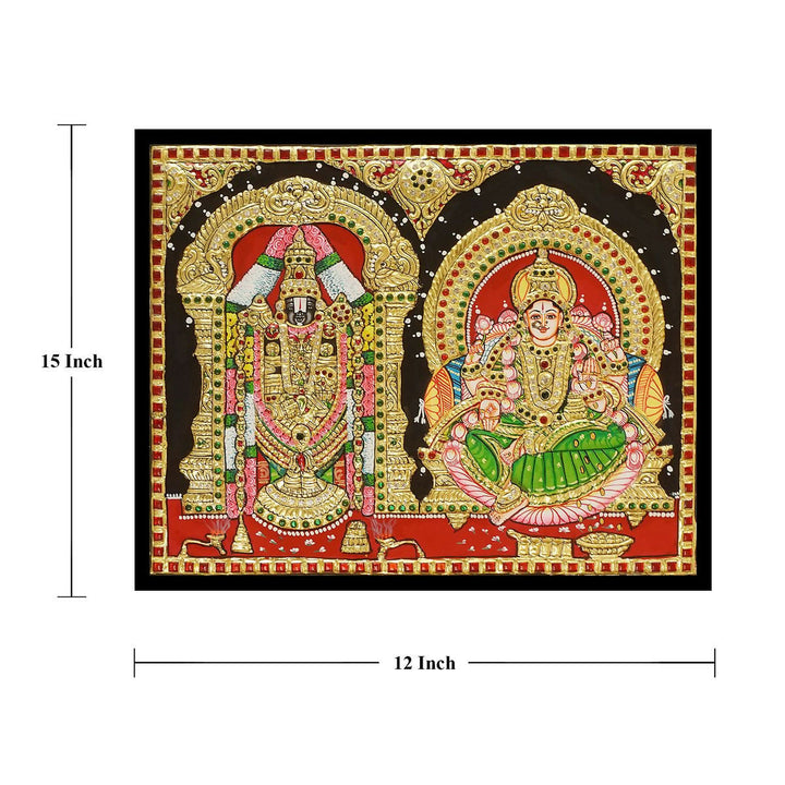 15x12" Tanjore painting of Lord Balaji with Lakshmi, Authentic With 22 Ct gold Foil and Jaipur Gemstones, Unframed