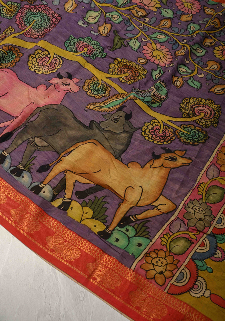 DUPATTA : Lavender Authentic Pen Kalamkari Pichwai Design with Cow and Floral Blooms Dupatta on Mangalagiri Silk Cotton