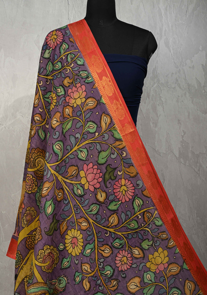 DUPATTA : Lavender Authentic Pen Kalamkari Pichwai Design with Cow and Floral Blooms Dupatta on Mangalagiri Silk Cotton