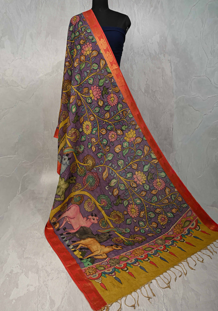 DUPATTA : Lavender Authentic Pen Kalamkari Pichwai Design with Cow and Floral Blooms Dupatta on Mangalagiri Silk Cotton
