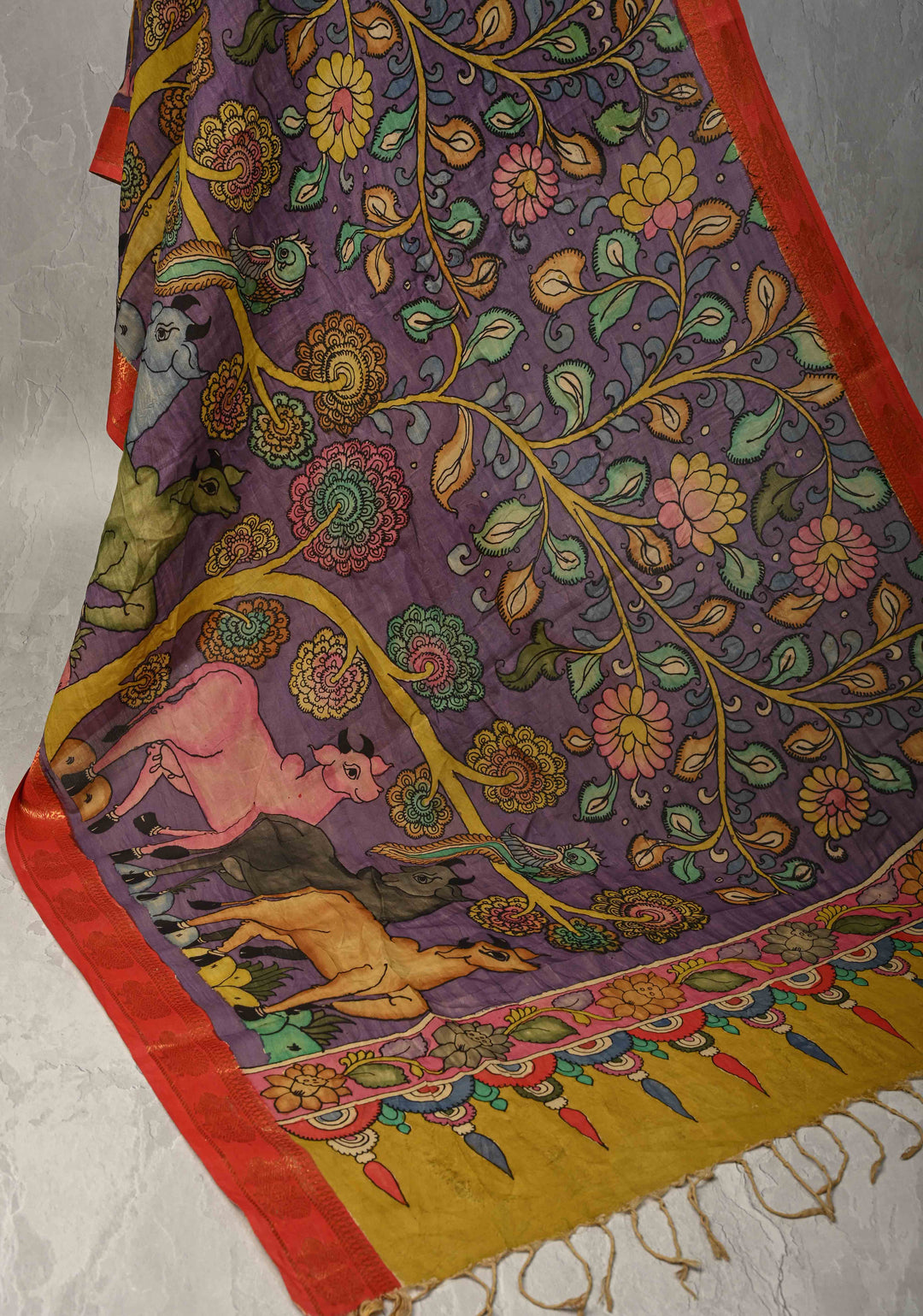 DUPATTA : Lavender Authentic Pen Kalamkari Pichwai Design with Cow and Floral Blooms Dupatta on Mangalagiri Silk Cotton