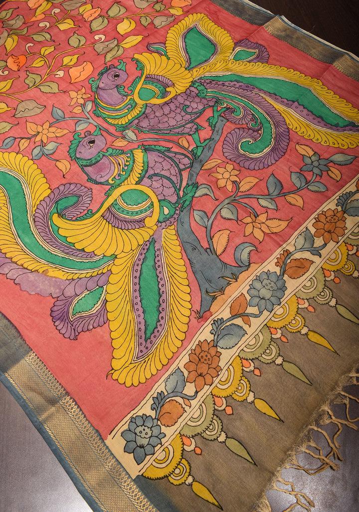 DUPATTA: Rosemilk Pink Twin Peacock and Floral Theme Authentic Pen Kalamkari on Mangalagiri Silk Cotton with Nizam Zari Border
