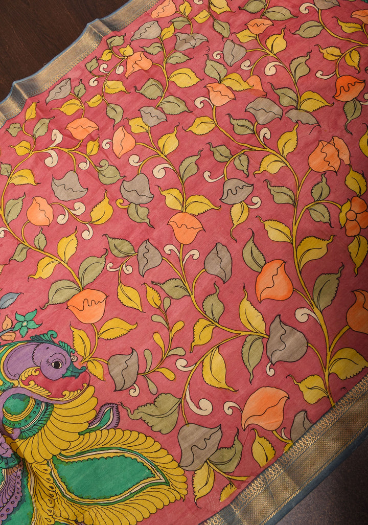 DUPATTA: Rosemilk Pink Twin Peacock and Floral Theme Authentic Pen Kalamkari on Mangalagiri Silk Cotton with Nizam Zari Border