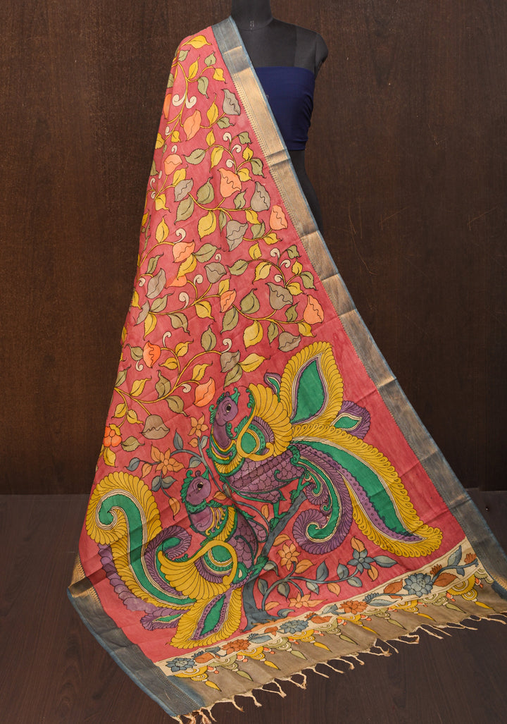 DUPATTA: Rosemilk Pink Twin Peacock and Floral Theme Authentic Pen Kalamkari on Mangalagiri Silk Cotton with Nizam Zari Border
