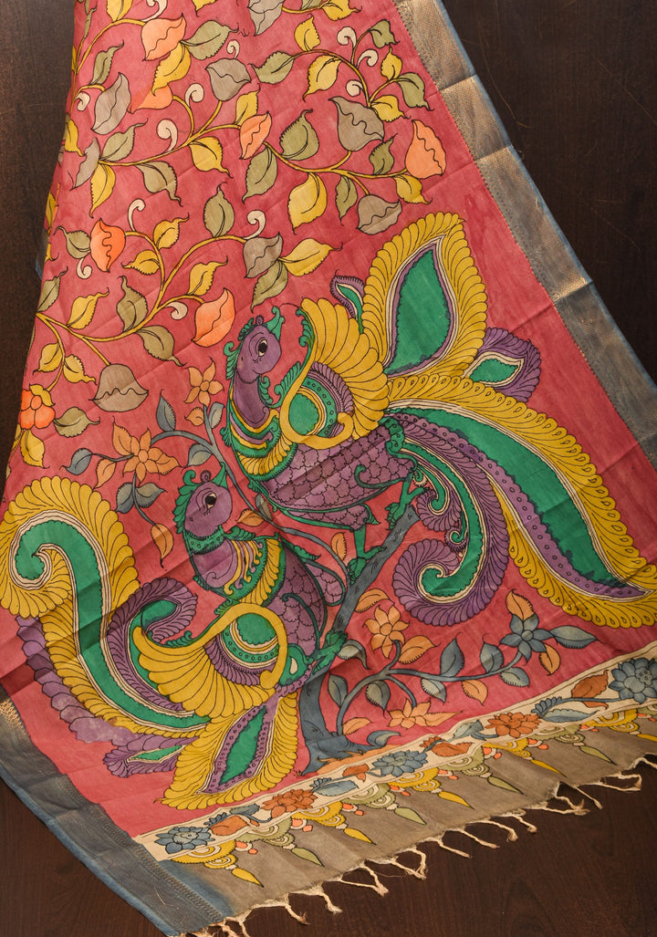 DUPATTA: Rosemilk Pink Twin Peacock and Floral Theme Authentic Pen Kalamkari on Mangalagiri Silk Cotton with Nizam Zari Border