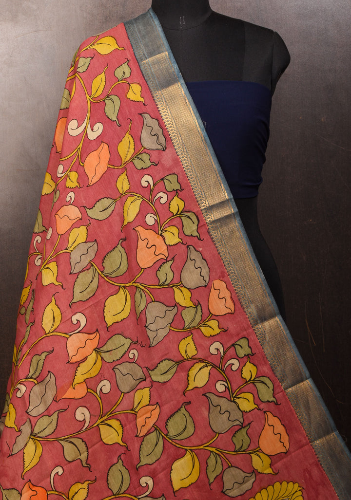DUPATTA: Rosemilk Pink Twin Peacock and Floral Theme Authentic Pen Kalamkari on Mangalagiri Silk Cotton with Nizam Zari Border