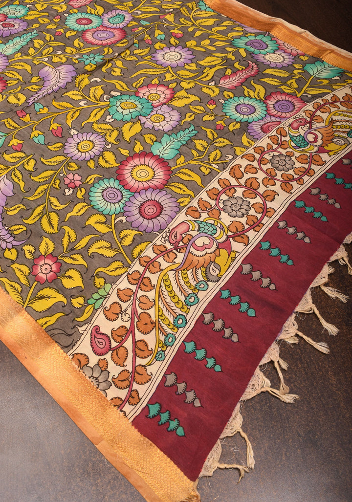 DUPATTA: Peacock and Floral Theme Authentic Pen Kalamkari on Mangalagiri Silk Cotton in Gray with Nizam Zari border