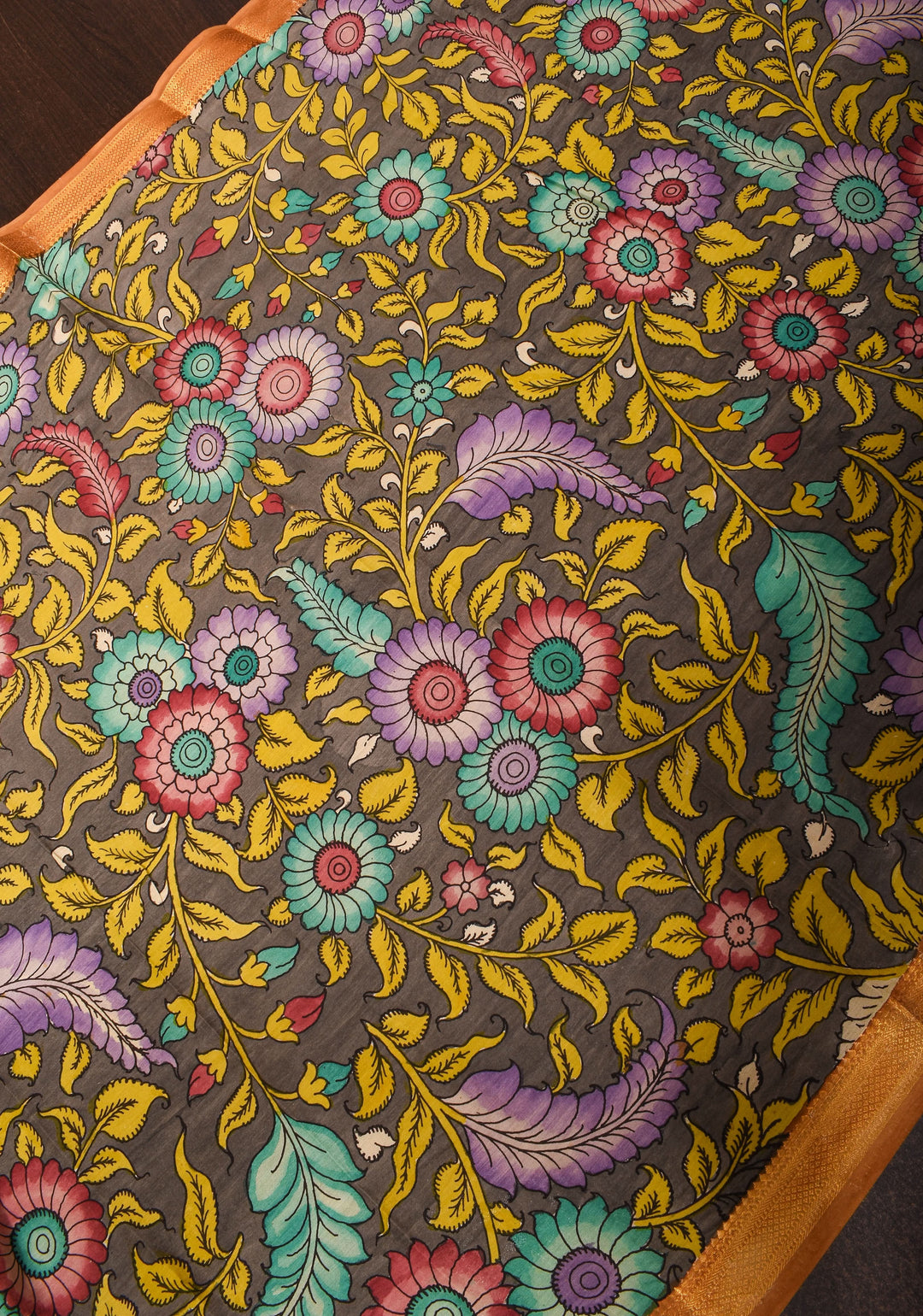 DUPATTA: Peacock and Floral Theme Authentic Pen Kalamkari on Mangalagiri Silk Cotton in Gray with Nizam Zari border