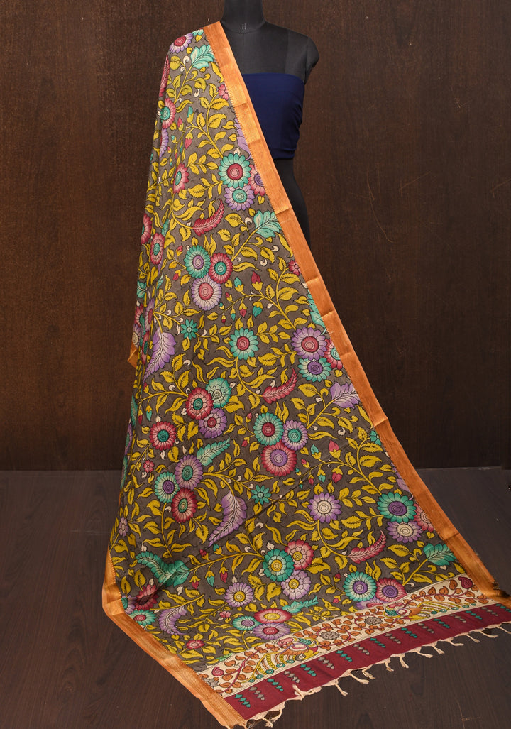 DUPATTA: Peacock and Floral Theme Authentic Pen Kalamkari on Mangalagiri Silk Cotton in Gray with Nizam Zari border