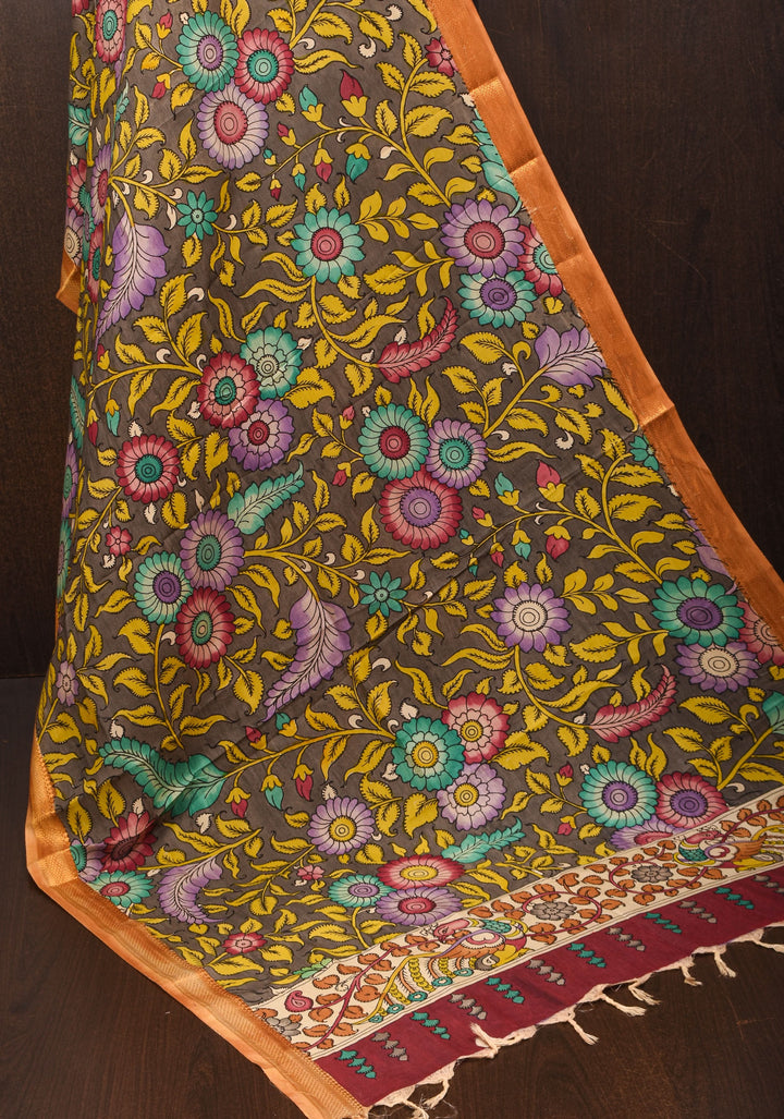 DUPATTA: Peacock and Floral Theme Authentic Pen Kalamkari on Mangalagiri Silk Cotton in Gray with Nizam Zari border
