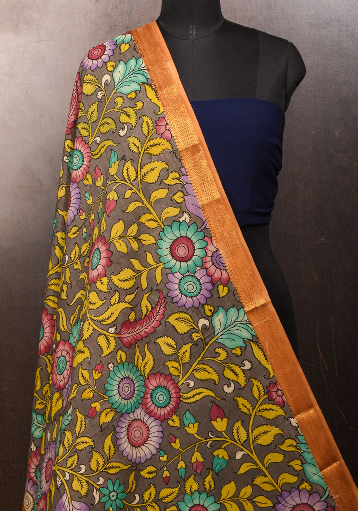 DUPATTA: Peacock and Floral Theme Authentic Pen Kalamkari on Mangalagiri Silk Cotton in Gray with Nizam Zari border