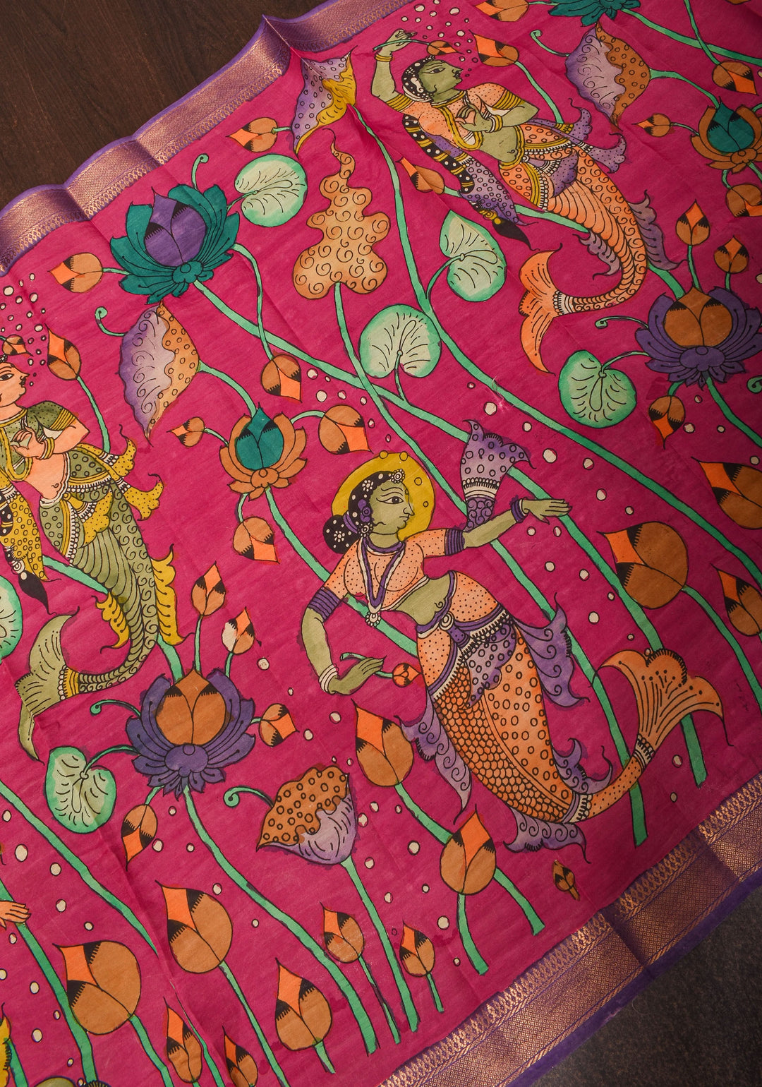 DUPATTA: Mermaid and Lotus Theme Authentic Pen Kalamkari on Mangalagiri Silk Cotton in Pink with Nizam Zari border