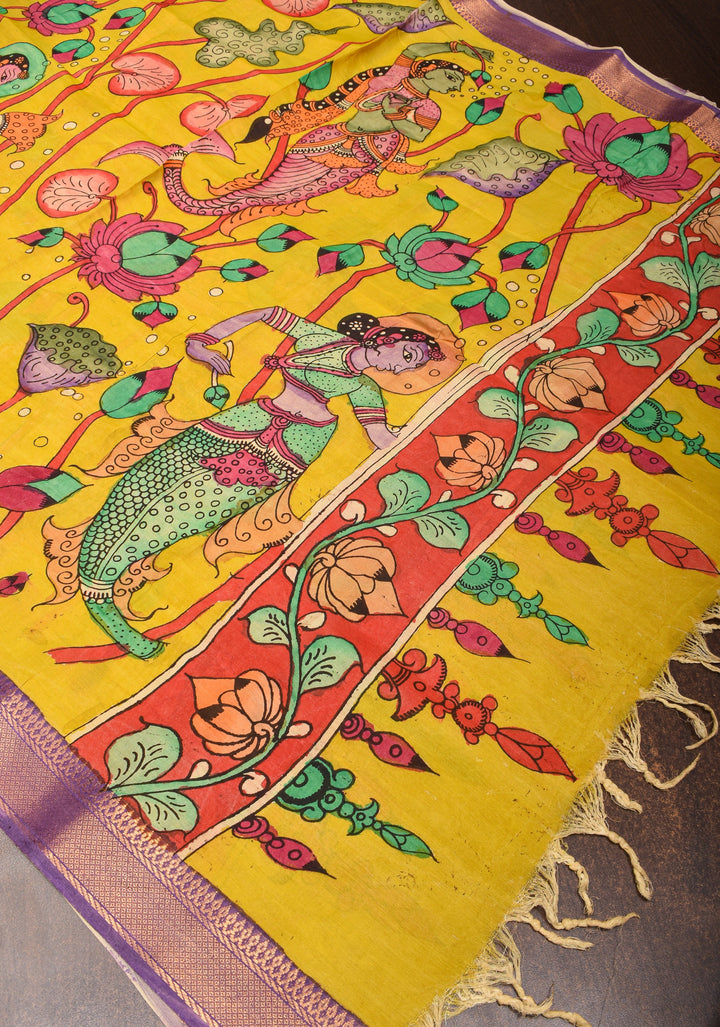Dupatta : Pen Kalamkari Dupatta in Yellow