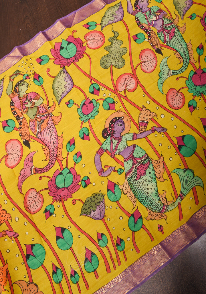 Dupatta : Pen Kalamkari Dupatta in Yellow