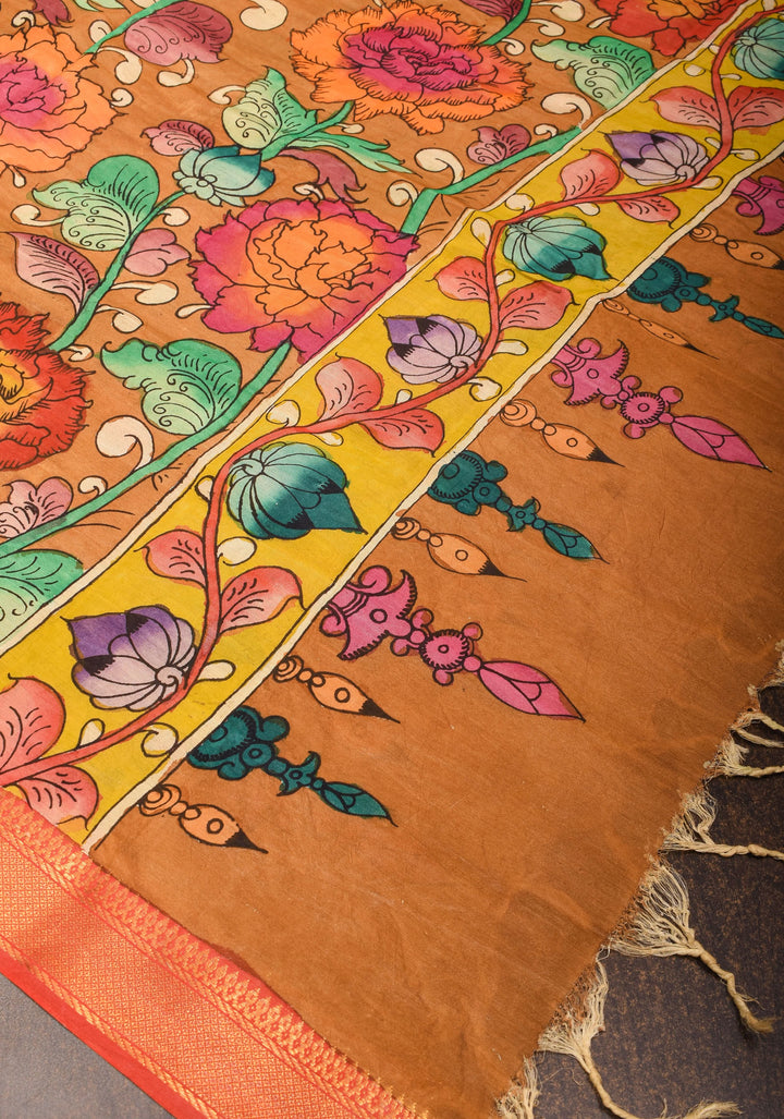 DUPATTA: Floral Theme Authentic Pen Kalamkari on Mangalagiri Silk Cotton in Muddy Brown with Nizam Zari border