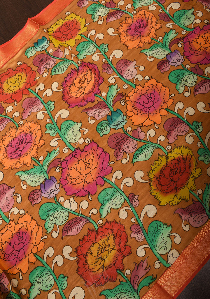 DUPATTA: Floral Theme Authentic Pen Kalamkari on Mangalagiri Silk Cotton in Muddy Brown with Nizam Zari border