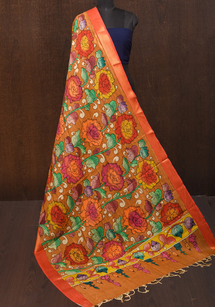 DUPATTA: Floral Theme Authentic Pen Kalamkari on Mangalagiri Silk Cotton in Muddy Brown with Nizam Zari border