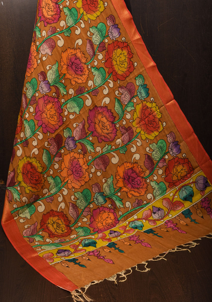 DUPATTA: Floral Theme Authentic Pen Kalamkari on Mangalagiri Silk Cotton in Muddy Brown with Nizam Zari border