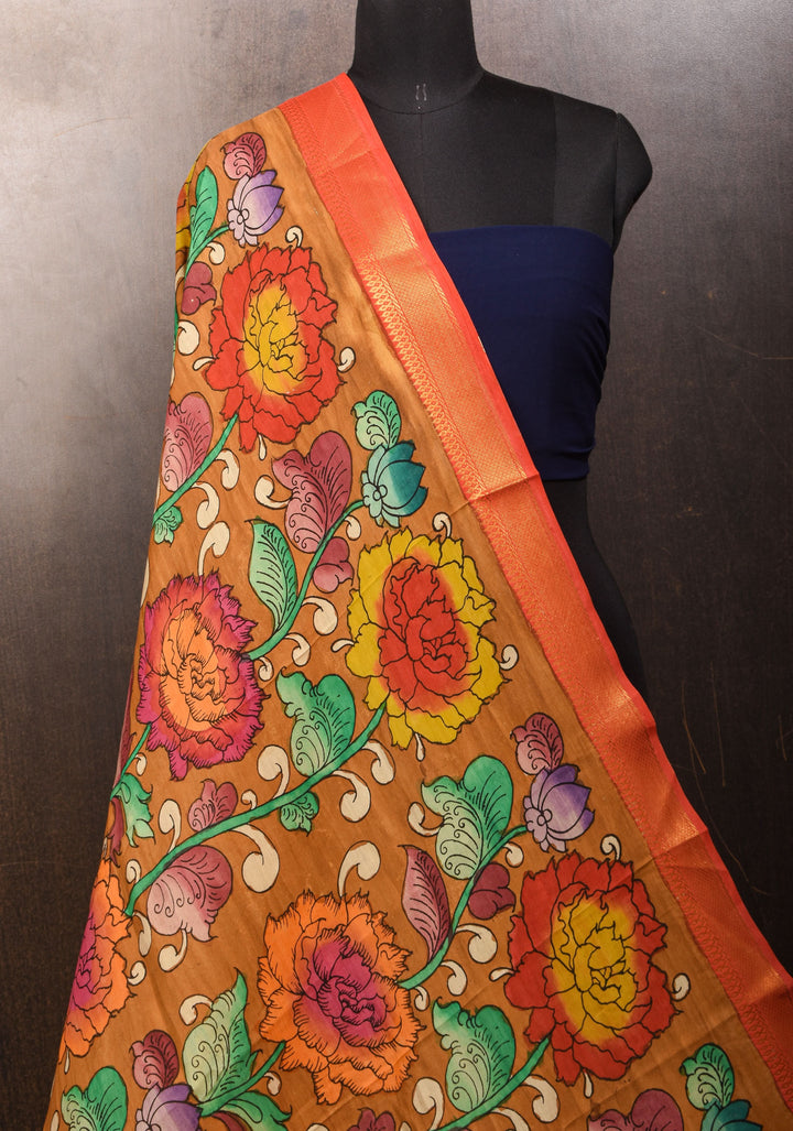 DUPATTA: Floral Theme Authentic Pen Kalamkari on Mangalagiri Silk Cotton in Muddy Brown with Nizam Zari border
