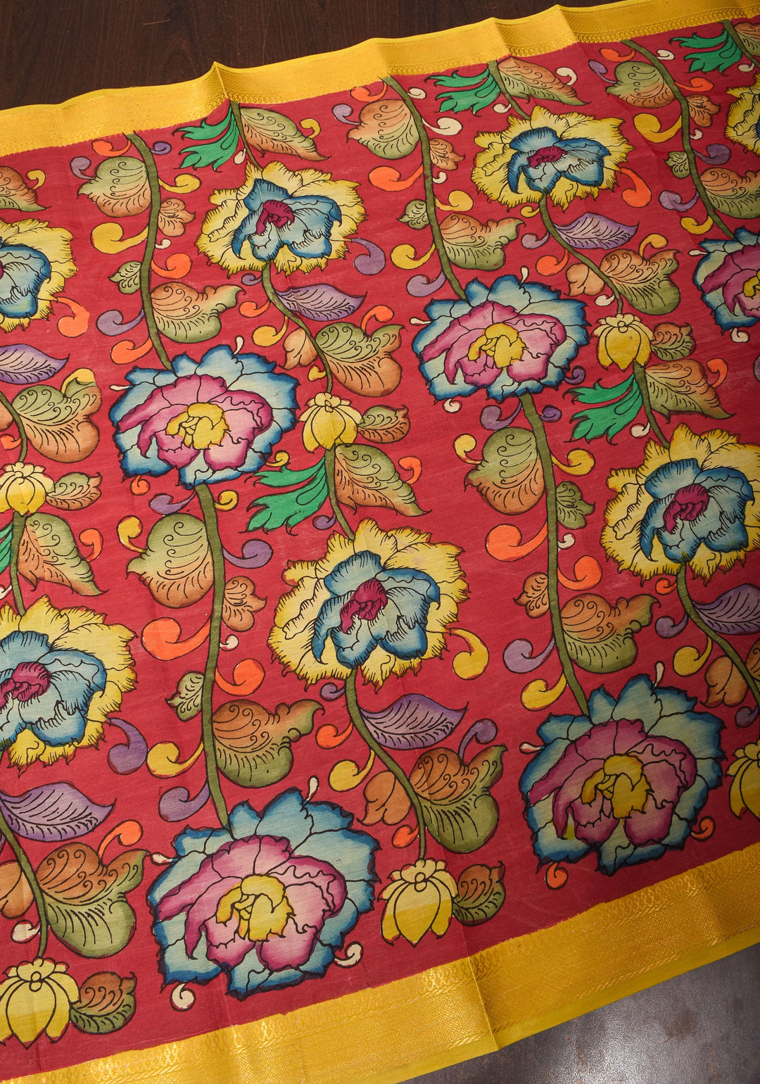DUPATTA: Red Floral Authentic Pen Kalamkari on Mangalagiri Silk Cotton with Nizam Zari Border