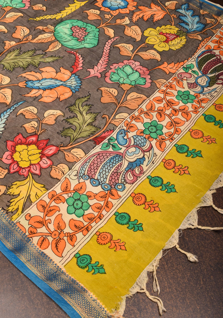 DUPATTA: Peacock and Floral Theme Authentic Pen Kalamkari on Mangalagiri Silk Cotton in Gray with Nizam Zari border