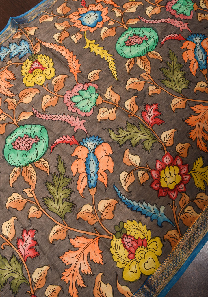 DUPATTA: Peacock and Floral Theme Authentic Pen Kalamkari on Mangalagiri Silk Cotton in Gray with Nizam Zari border