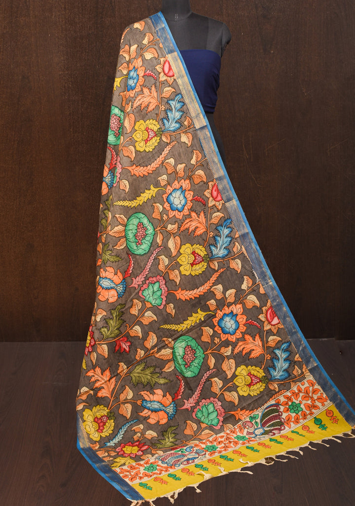 DUPATTA: Peacock and Floral Theme Authentic Pen Kalamkari on Mangalagiri Silk Cotton in Gray with Nizam Zari border