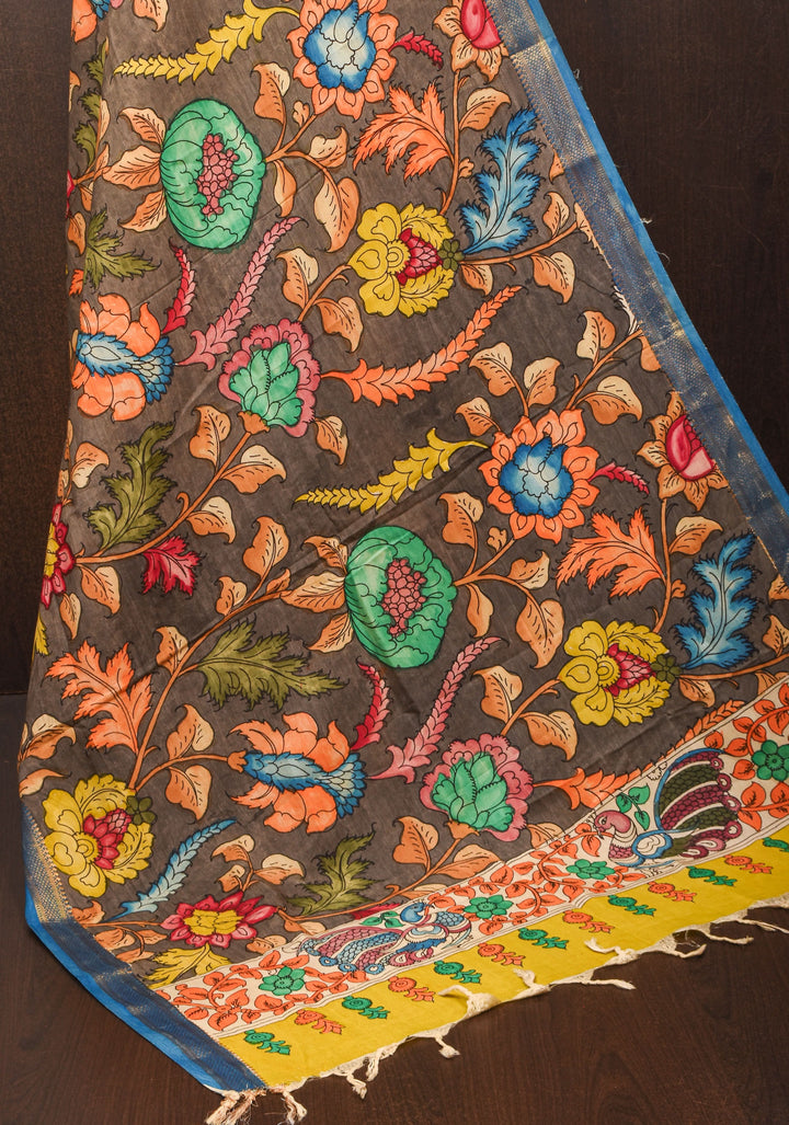 DUPATTA: Peacock and Floral Theme Authentic Pen Kalamkari on Mangalagiri Silk Cotton in Gray with Nizam Zari border