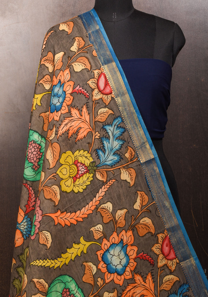DUPATTA: Peacock and Floral Theme Authentic Pen Kalamkari on Mangalagiri Silk Cotton in Gray with Nizam Zari border