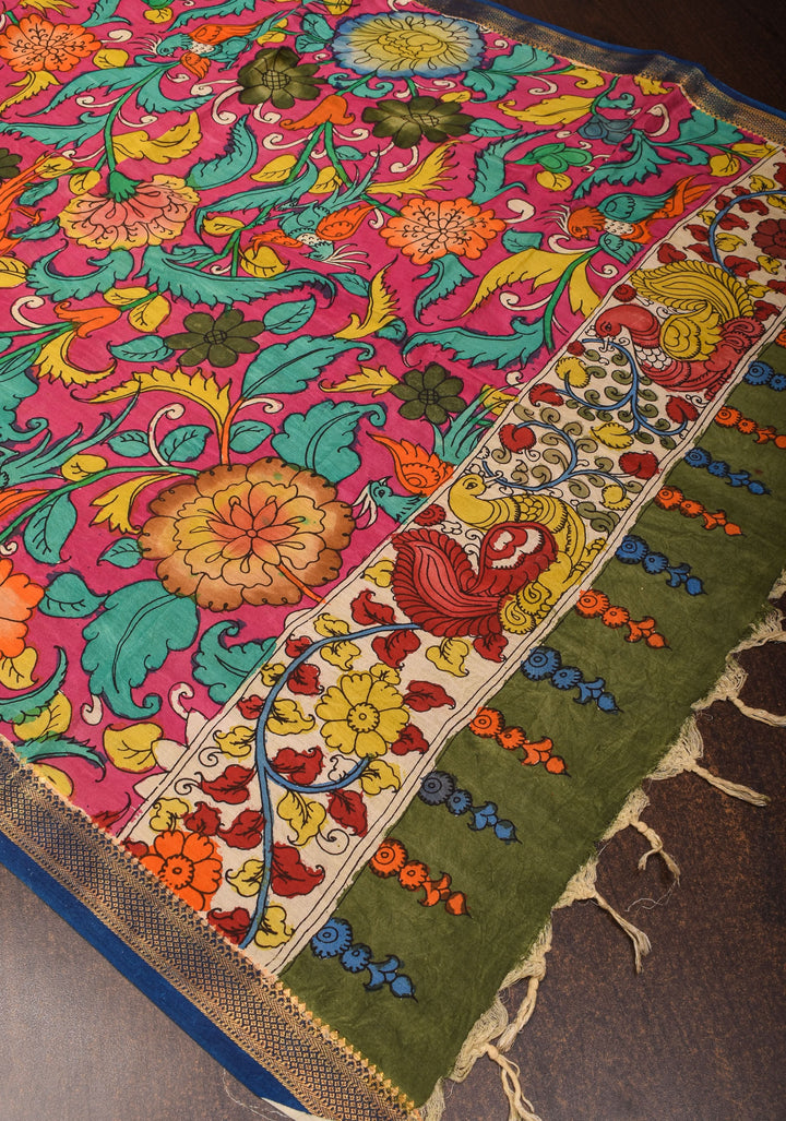 DUPATTA: Peacock and Floral Theme Authentic Pen Kalamkari on Mangalagiri Silk Cotton in pink with Nizam Zari border