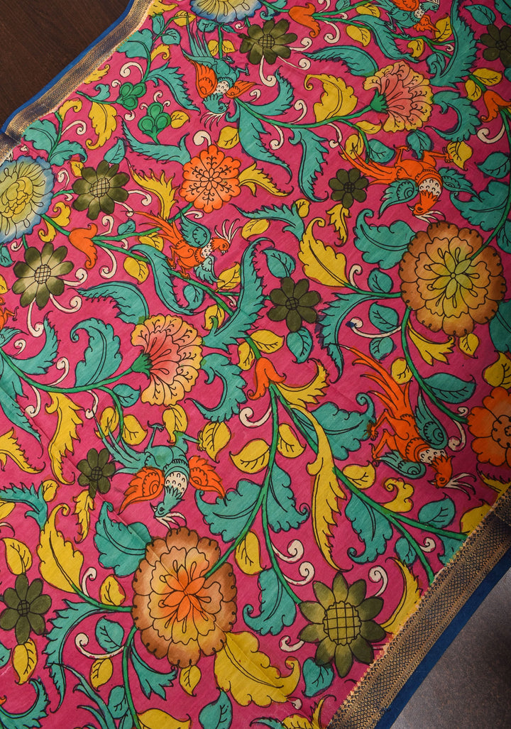 DUPATTA: Peacock and Floral Theme Authentic Pen Kalamkari on Mangalagiri Silk Cotton in pink with Nizam Zari border