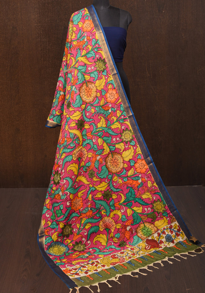DUPATTA: Peacock and Floral Theme Authentic Pen Kalamkari on Mangalagiri Silk Cotton in pink with Nizam Zari border