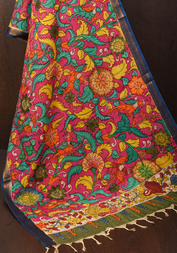 DUPATTA: Peacock and Floral Theme Authentic Pen Kalamkari on Mangalagiri Silk Cotton in pink with Nizam Zari border