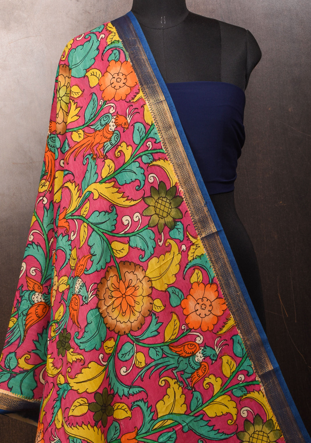 DUPATTA: Peacock and Floral Theme Authentic Pen Kalamkari on Mangalagiri Silk Cotton in pink with Nizam Zari border