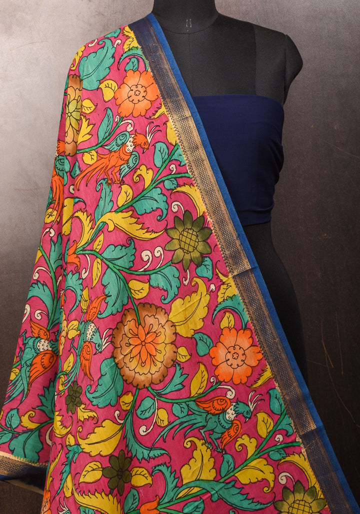 DUPATTA: Peacock and Floral Theme Authentic Pen Kalamkari on Mangalagiri Silk Cotton in pink with Nizam Zari border