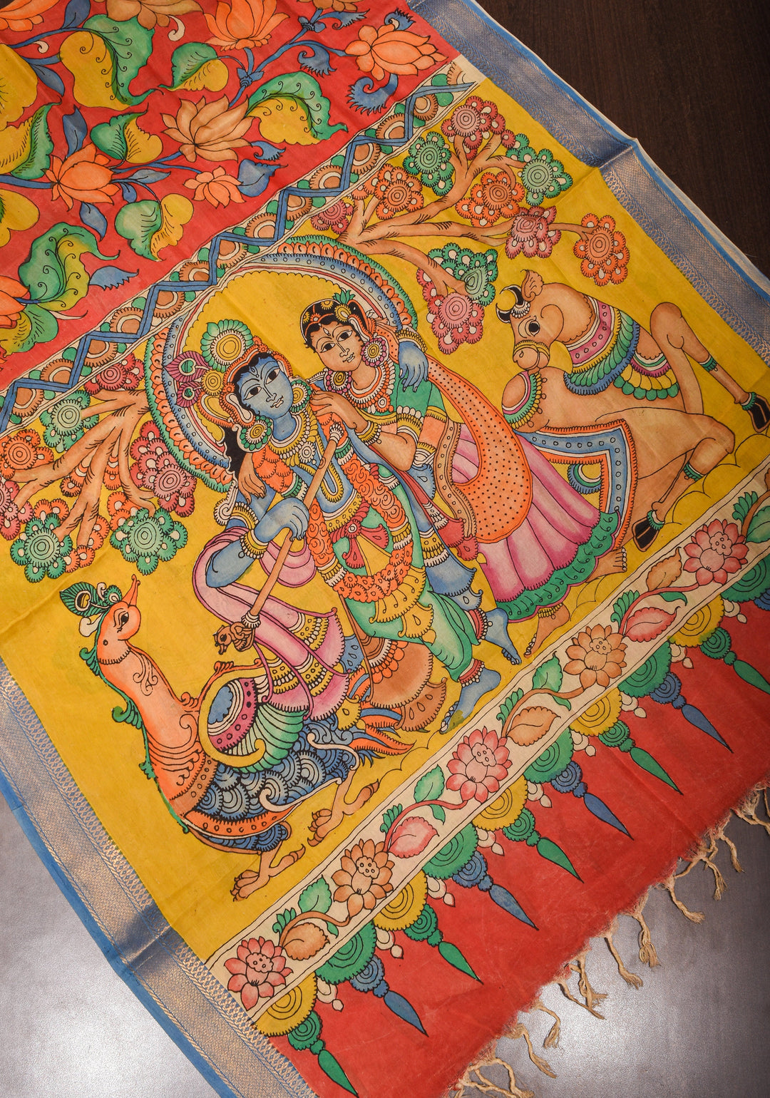 DUPATTA : Authentic Pen Kalamkari on Mangalagiri Silk Cotton Dupatta with Floral and Radha-Krishna Theme