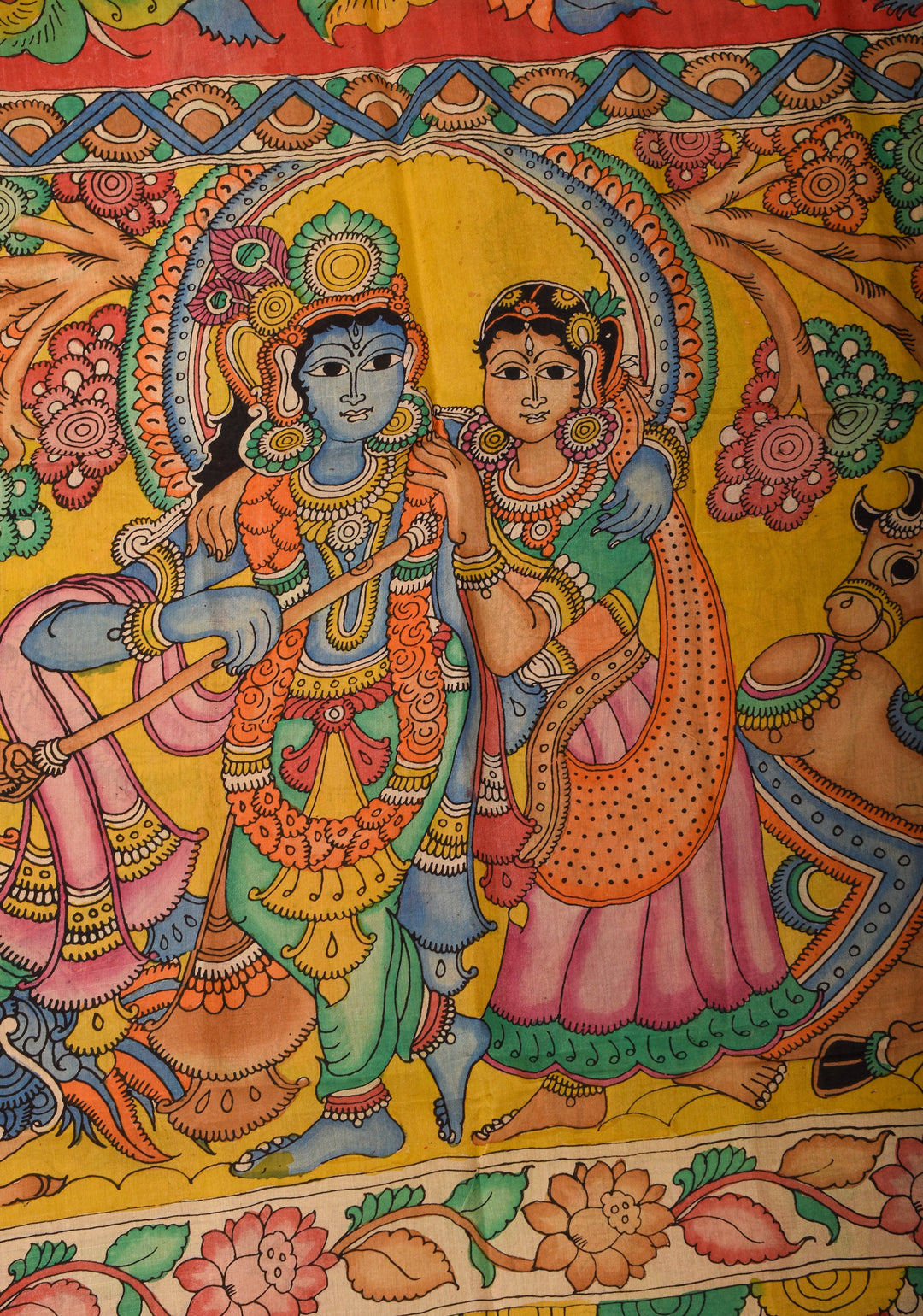 DUPATTA : Authentic Pen Kalamkari on Mangalagiri Silk Cotton Dupatta with Floral and Radha-Krishna Theme