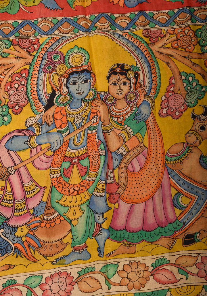 DUPATTA : Authentic Pen Kalamkari on Mangalagiri Silk Cotton Dupatta with Floral and Radha-Krishna Theme