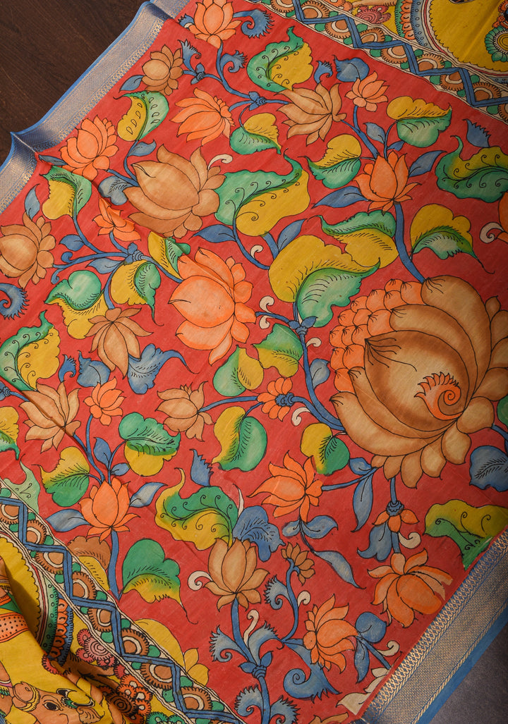 DUPATTA : Authentic Pen Kalamkari on Mangalagiri Silk Cotton Dupatta with Floral and Radha-Krishna Theme