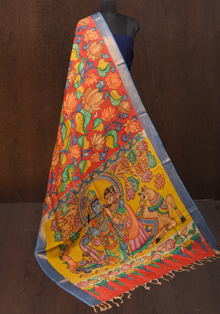 DUPATTA : Authentic Pen Kalamkari on Mangalagiri Silk Cotton Dupatta with Floral and Radha-Krishna Theme