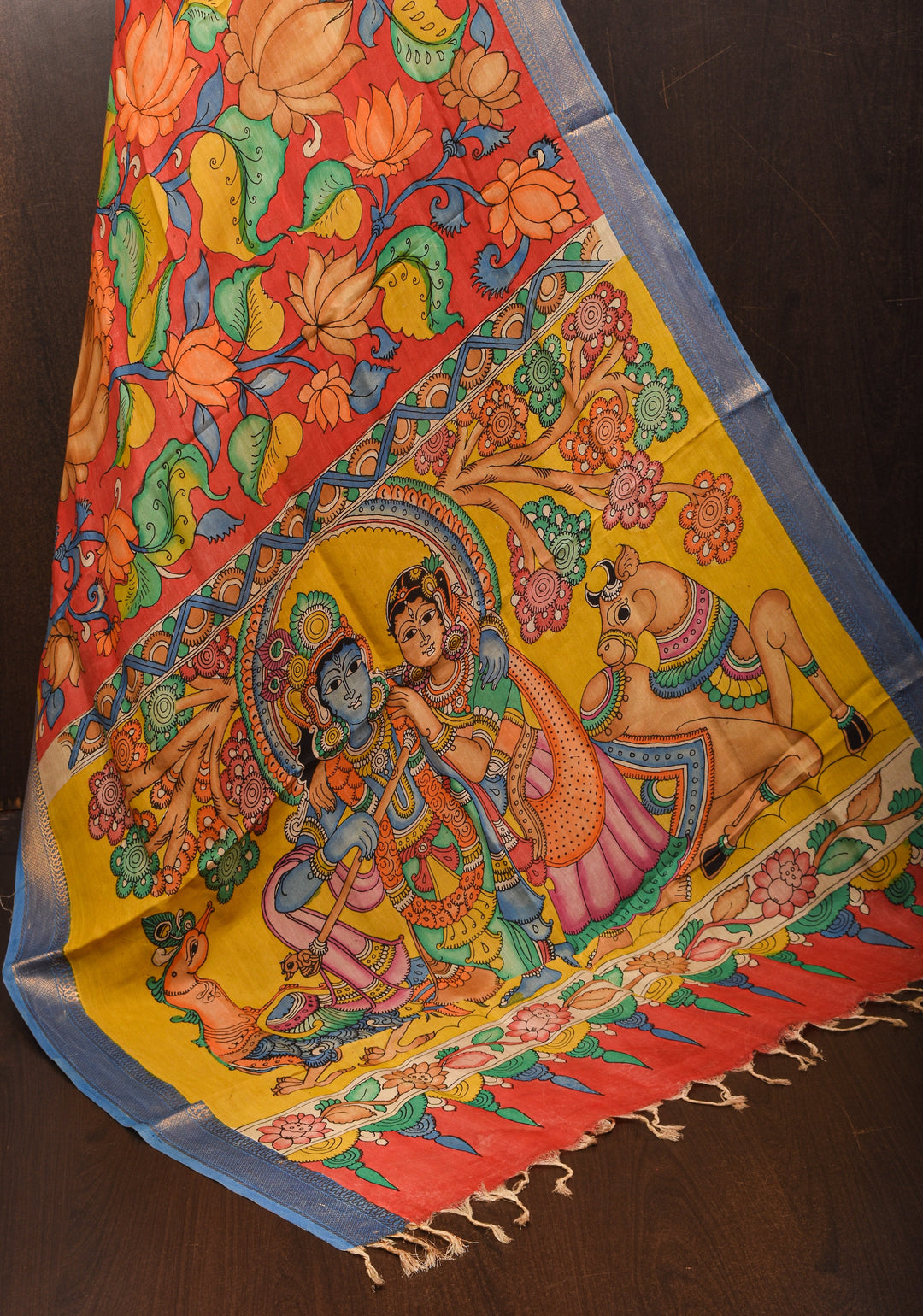 DUPATTA : Authentic Pen Kalamkari on Mangalagiri Silk Cotton Dupatta with Floral and Radha-Krishna Theme